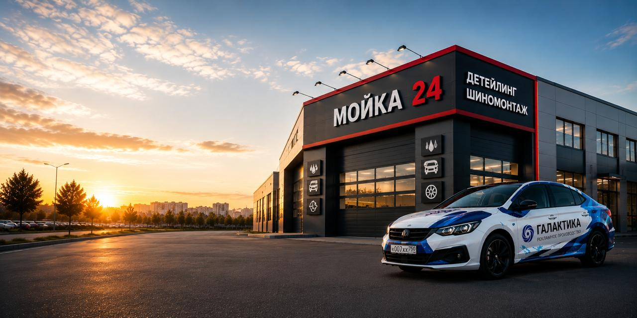 Комплексное оформление автомойки — вывеска и брендированный автомобиль Галактика